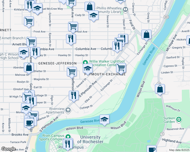 map of restaurants, bars, coffee shops, grocery stores, and more near 35 Fuller Place in Rochester