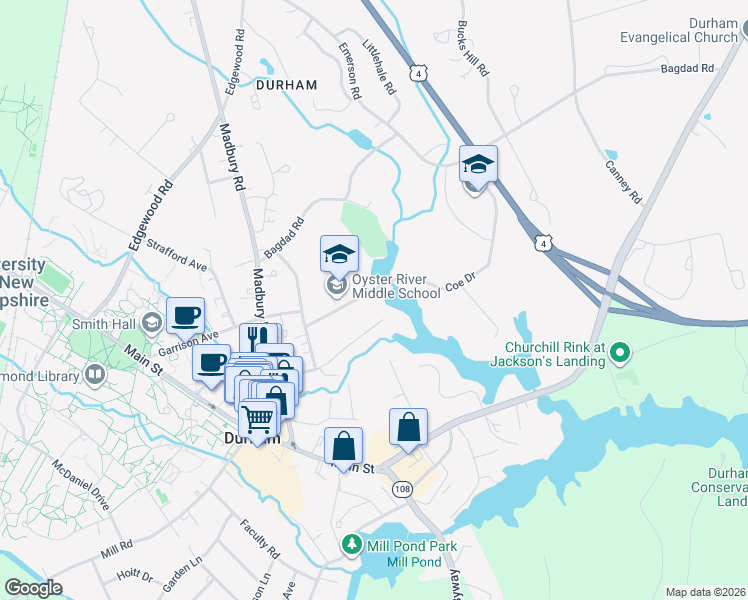 map of restaurants, bars, coffee shops, grocery stores, and more near 28 Coe Drive in Durham