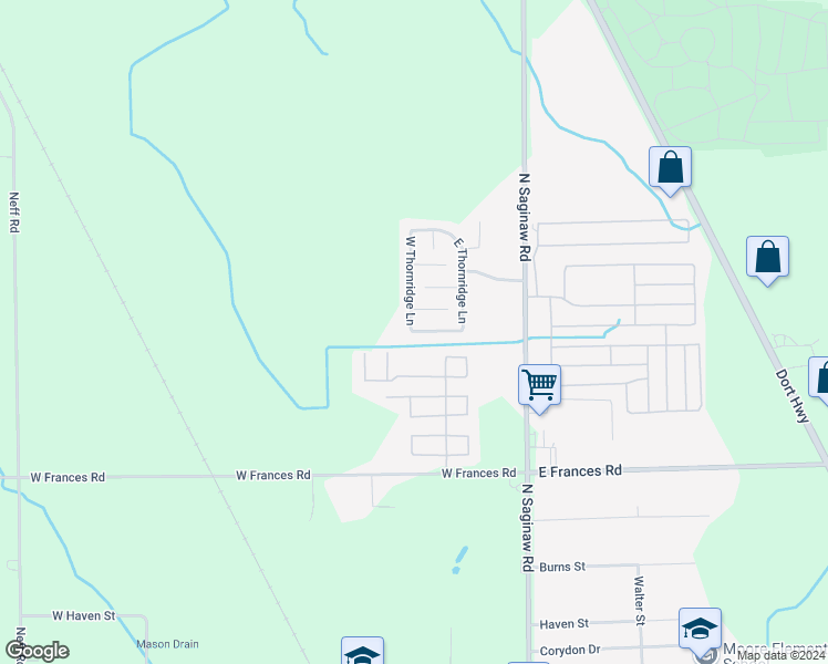 map of restaurants, bars, coffee shops, grocery stores, and more near 209 South Thornridge Lane in Mount Morris