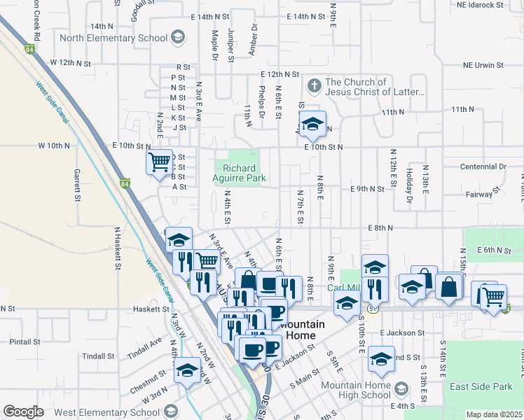 map of restaurants, bars, coffee shops, grocery stores, and more near 895 North 6th East Street in Mountain Home