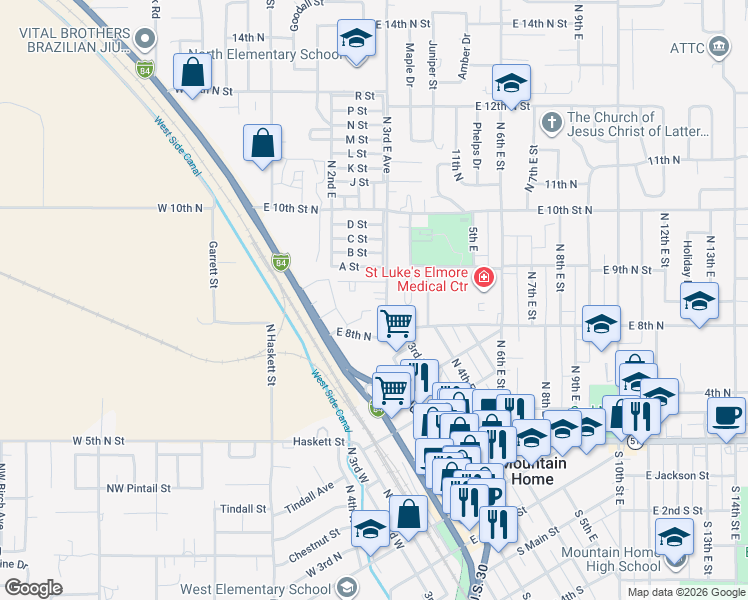 map of restaurants, bars, coffee shops, grocery stores, and more near 835 North 3rd East Street in Mountain Home