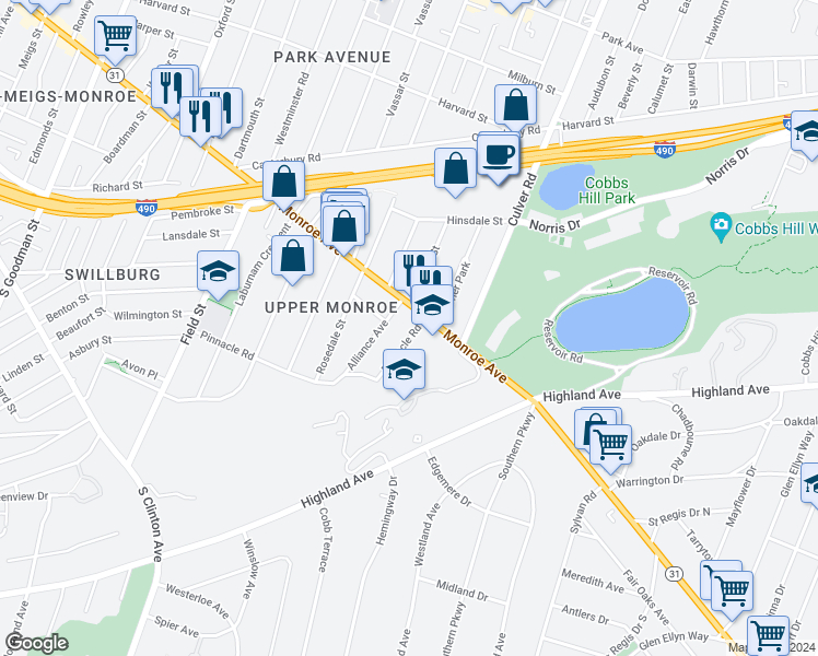map of restaurants, bars, coffee shops, grocery stores, and more near 1119 Monroe Avenue in Rochester