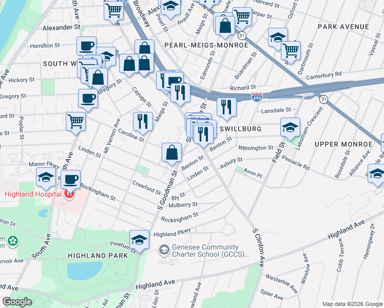 map of restaurants, bars, coffee shops, grocery stores, and more near 400 Caroline Street in Rochester