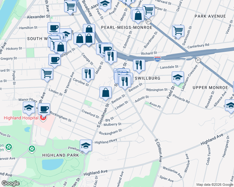 map of restaurants, bars, coffee shops, grocery stores, and more near 400 Caroline Street in Rochester