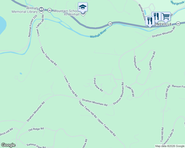 map of restaurants, bars, coffee shops, grocery stores, and more near 66 Hilltop Road in Winhall