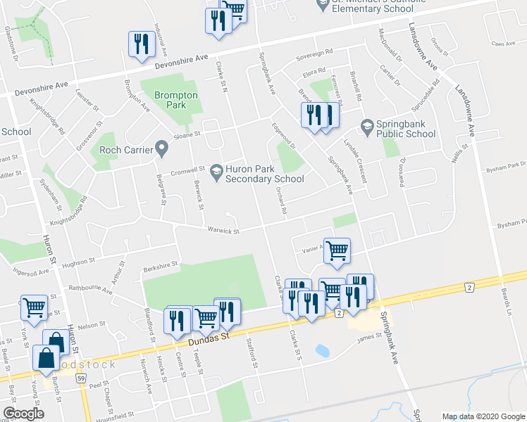 map of restaurants, bars, coffee shops, grocery stores, and more near 134 Clarke Street North in Woodstock