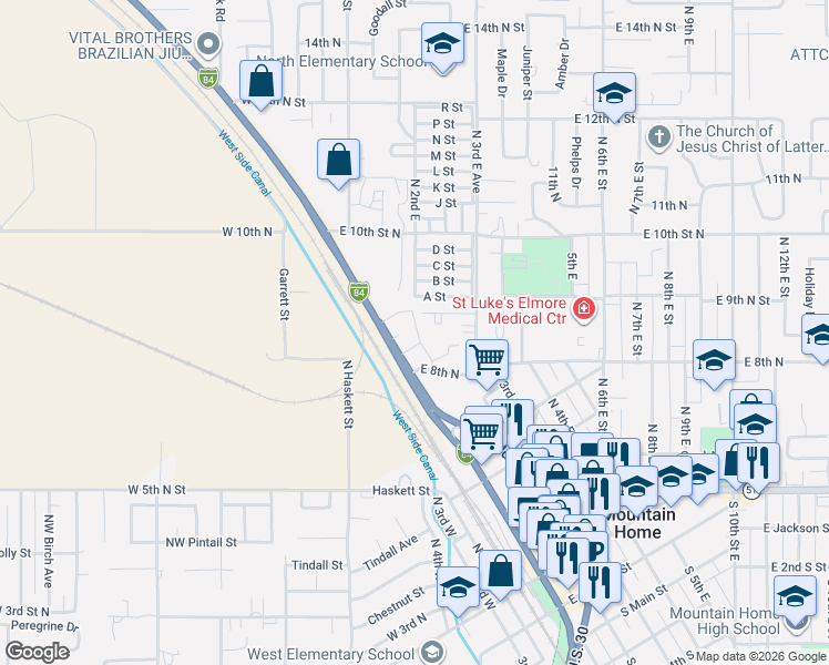 map of restaurants, bars, coffee shops, grocery stores, and more near 875 2 Desert Manor Court in Mountain Home