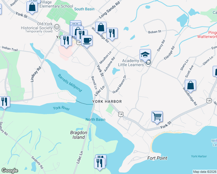 map of restaurants, bars, coffee shops, grocery stores, and more near 350 York Street in York