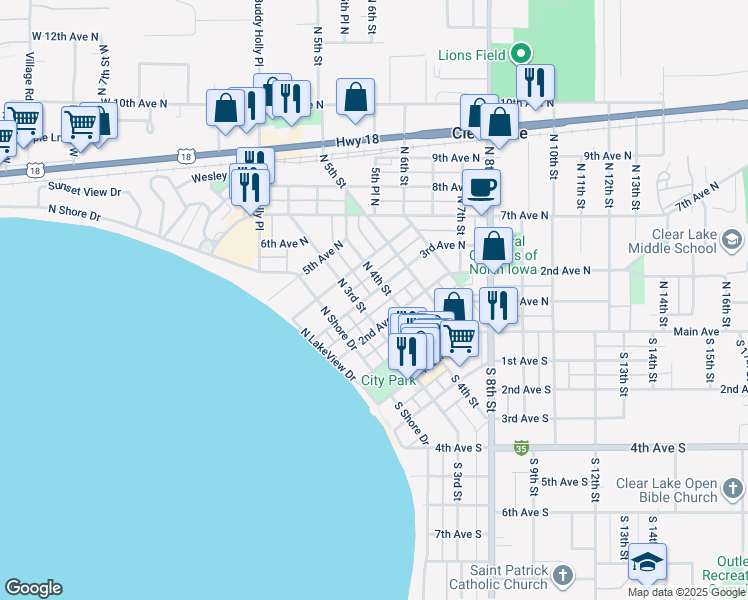 map of restaurants, bars, coffee shops, grocery stores, and more near 305 3rd Avenue North in Clear Lake