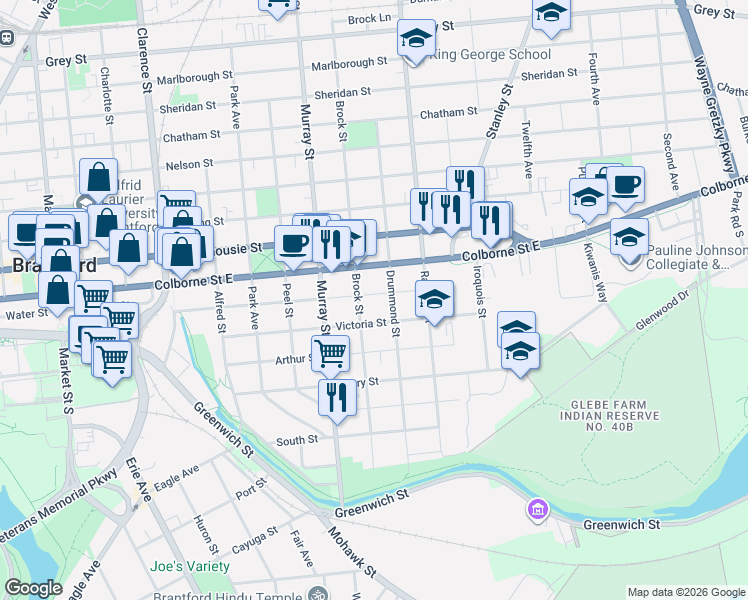 map of restaurants, bars, coffee shops, grocery stores, and more near 119 East Avenue in Brantford