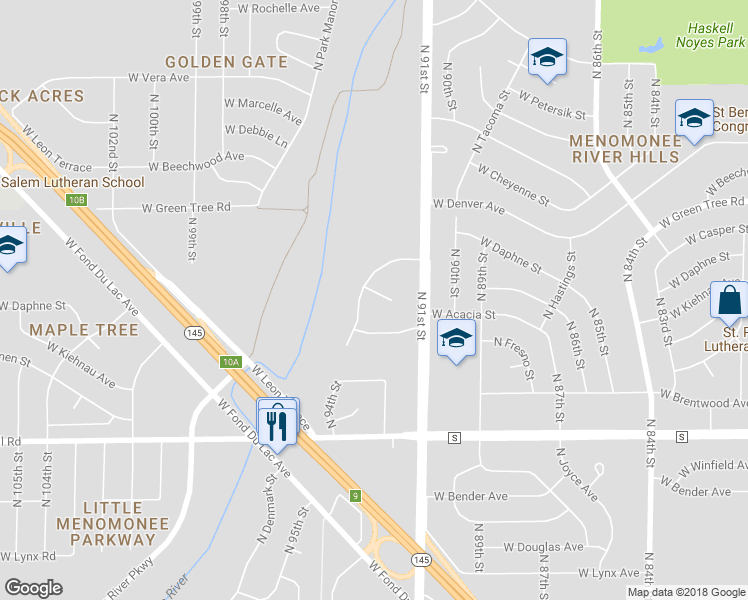 map of restaurants, bars, coffee shops, grocery stores, and more near 9327 West Ryan Court in Milwaukee