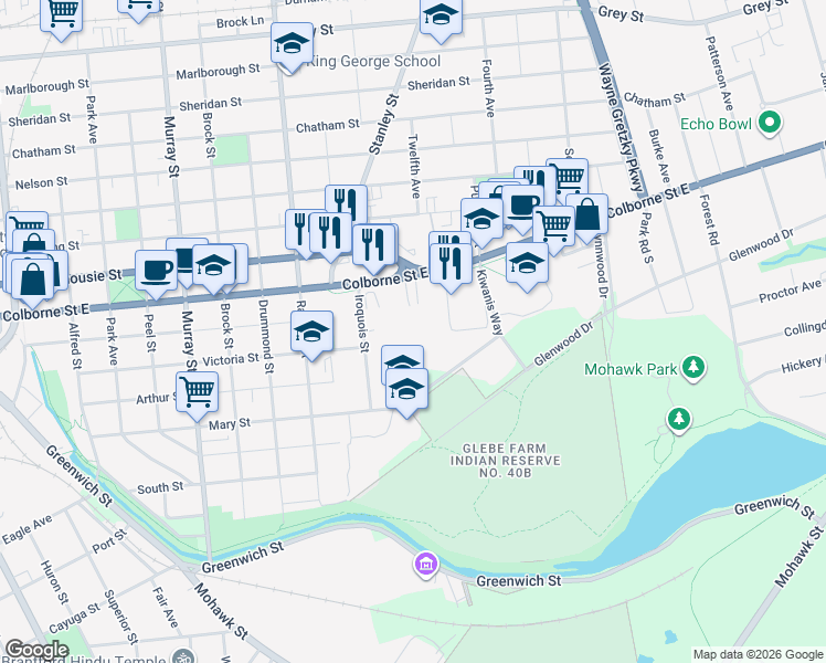 map of restaurants, bars, coffee shops, grocery stores, and more near 585 Colborne Street East in Brantford