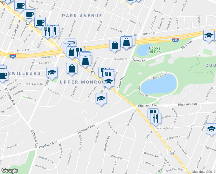 map of restaurants, bars, coffee shops, grocery stores, and more near 1131 Monroe Avenue in Rochester