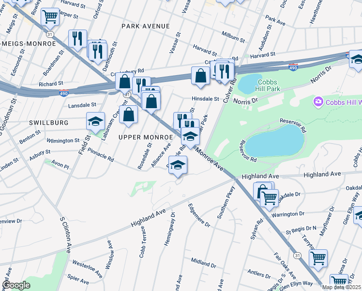 map of restaurants, bars, coffee shops, grocery stores, and more near 19 Pinnacle Road in Rochester