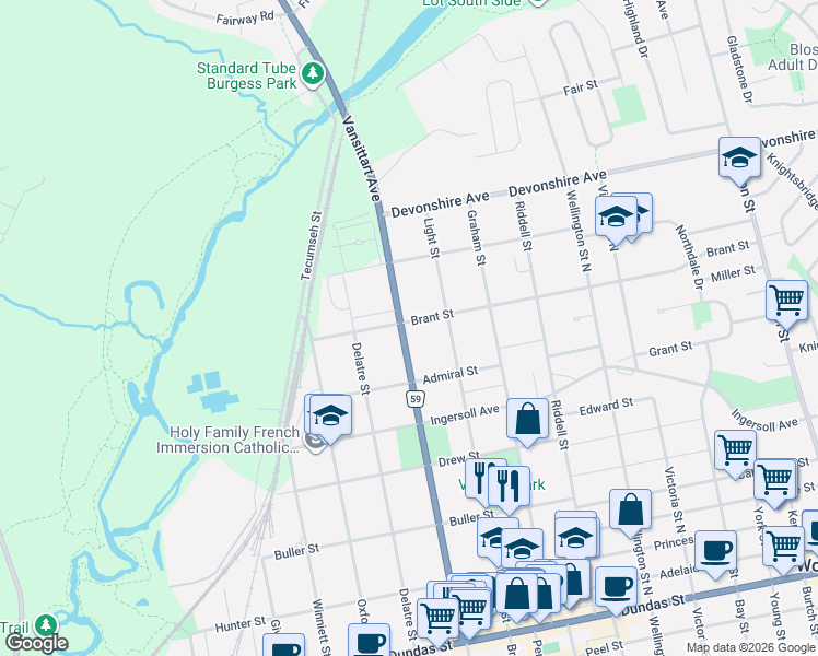 map of restaurants, bars, coffee shops, grocery stores, and more near 260 Oxford 59 in Woodstock