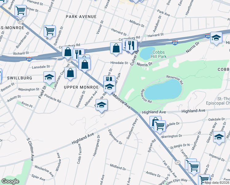 map of restaurants, bars, coffee shops, grocery stores, and more near in Rochester