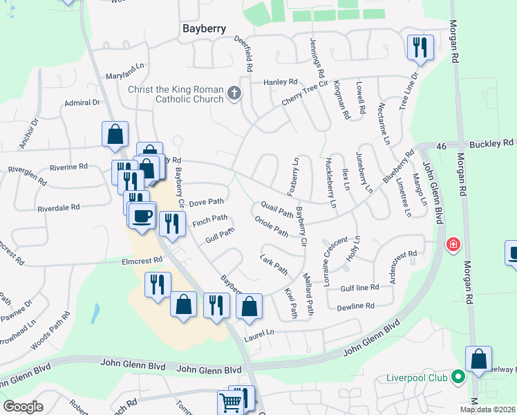 map of restaurants, bars, coffee shops, grocery stores, and more near 17 Quail Path in Liverpool