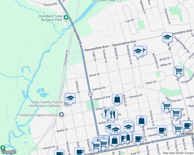 map of restaurants, bars, coffee shops, grocery stores, and more near 388 Brant Street in Woodstock
