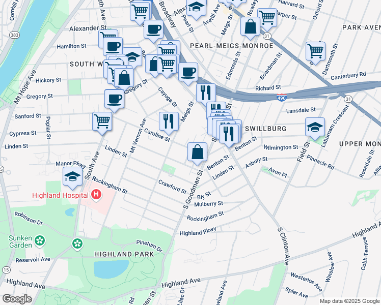 map of restaurants, bars, coffee shops, grocery stores, and more near 317 Caroline Street in Rochester