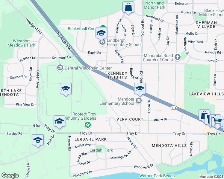 map of restaurants, bars, coffee shops, grocery stores, and more near Northridge Terrace in Madison