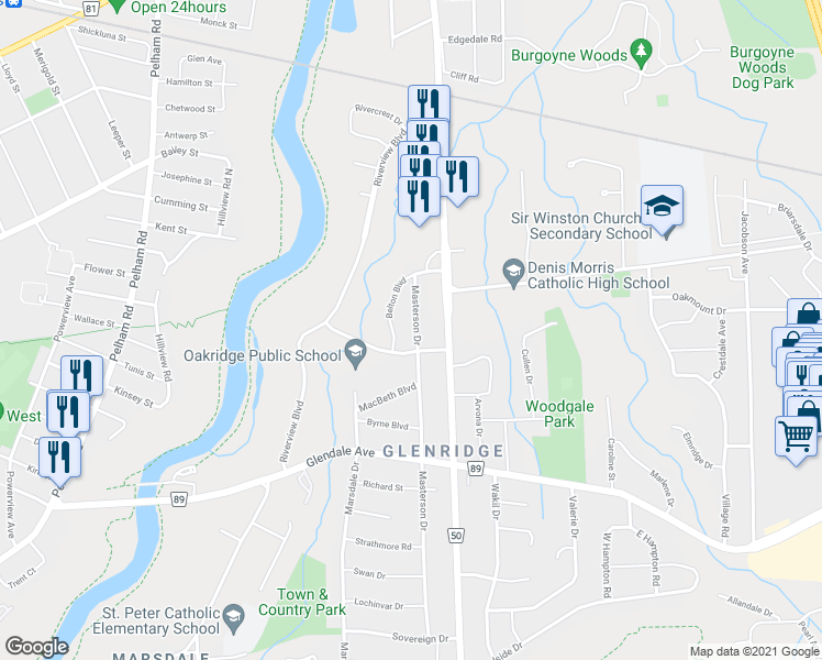 map of restaurants, bars, coffee shops, grocery stores, and more near 16 Masterson Drive in St. Catharines