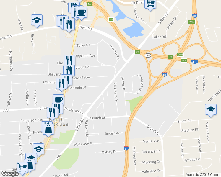 map of restaurants, bars, coffee shops, grocery stores, and more near 101 Postlamp Circle in Syracuse