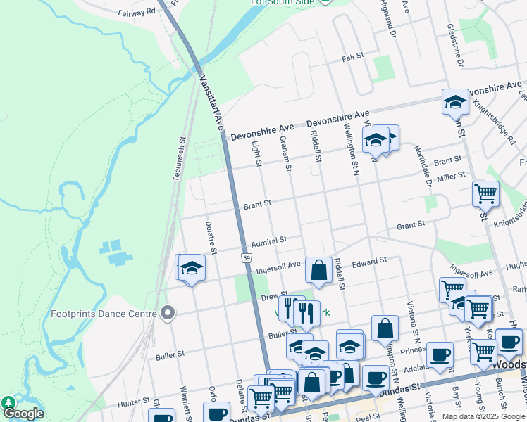 map of restaurants, bars, coffee shops, grocery stores, and more near 257 Light Street in Woodstock