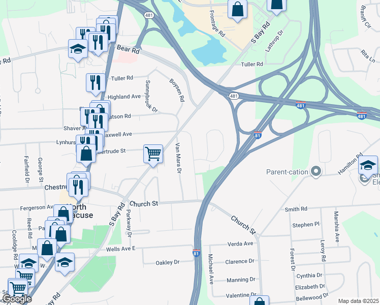 map of restaurants, bars, coffee shops, grocery stores, and more near 129 Grove Street in North Syracuse