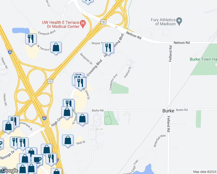 map of restaurants, bars, coffee shops, grocery stores, and more near 5306 Congress Avenue in Madison