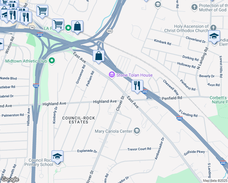 map of restaurants, bars, coffee shops, grocery stores, and more near 50 Council Rock Avenue in Rochester