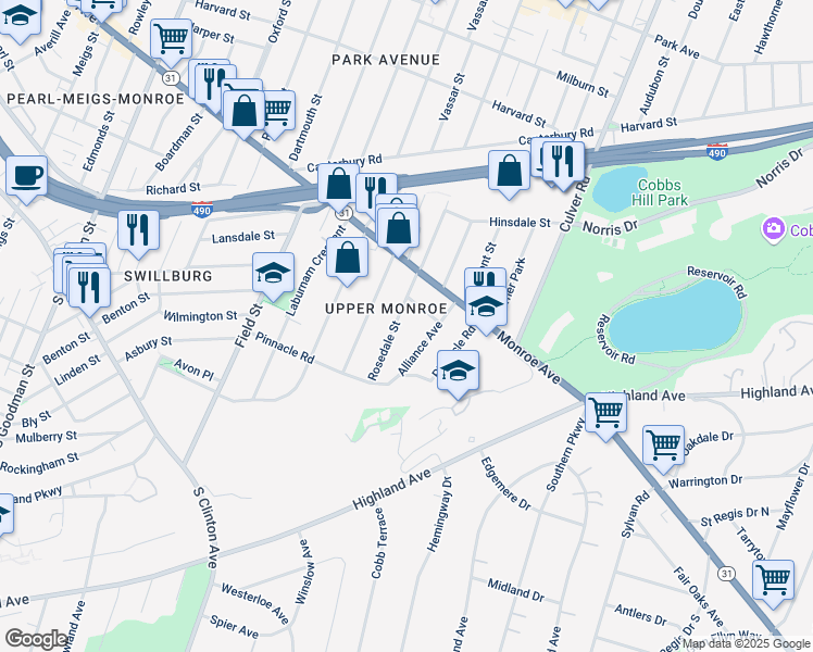 map of restaurants, bars, coffee shops, grocery stores, and more near 116 Rosedale Street in Rochester