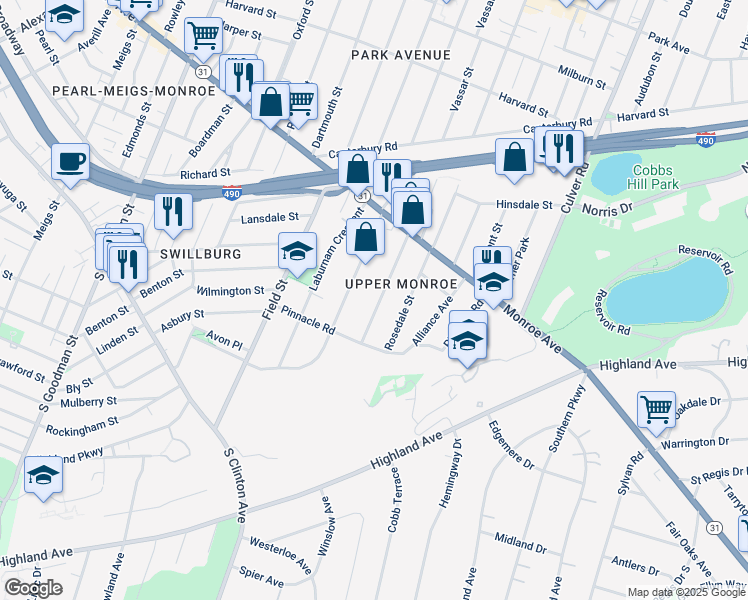 map of restaurants, bars, coffee shops, grocery stores, and more near 107 Shepard Street in Rochester