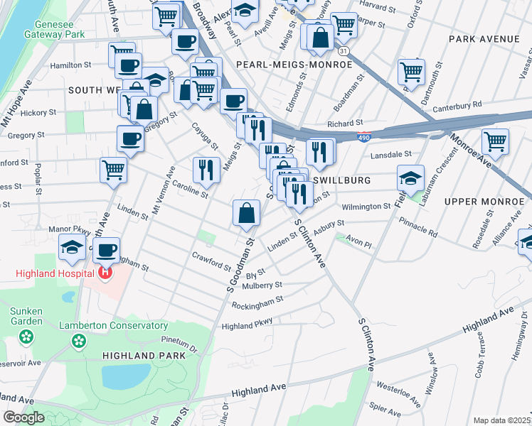 map of restaurants, bars, coffee shops, grocery stores, and more near 400 Caroline Street in Rochester