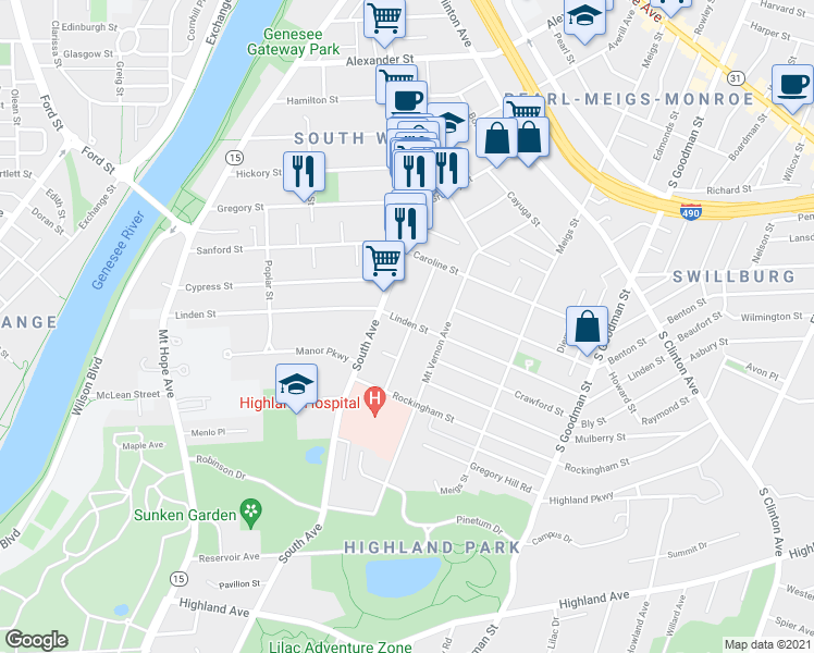 map of restaurants, bars, coffee shops, grocery stores, and more near 311 Linden Street in Rochester