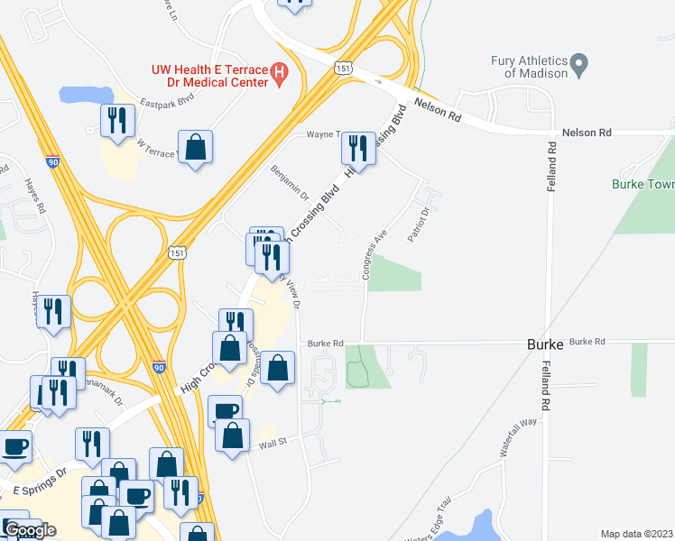 map of restaurants, bars, coffee shops, grocery stores, and more near 5440 Congress Avenue in Madison