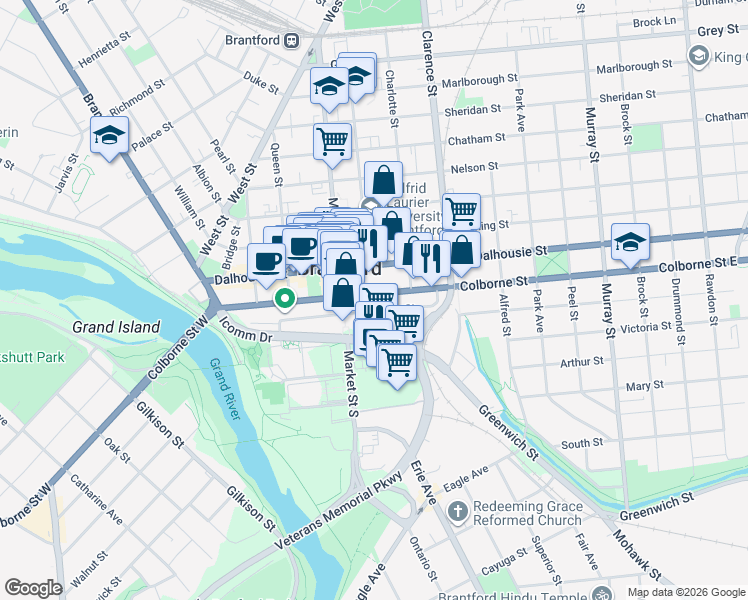 map of restaurants, bars, coffee shops, grocery stores, and more near 211 Colborne Street in Brantford