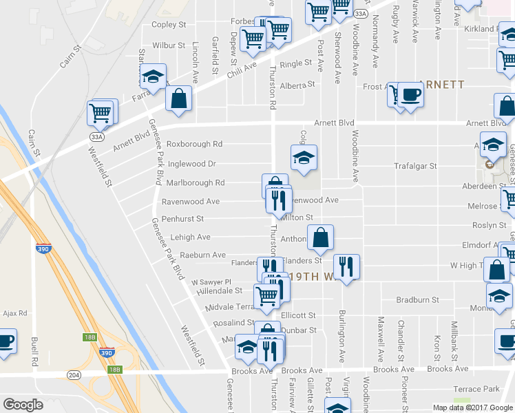 map of restaurants, bars, coffee shops, grocery stores, and more near 215 Ravenwood Ave in Rochester