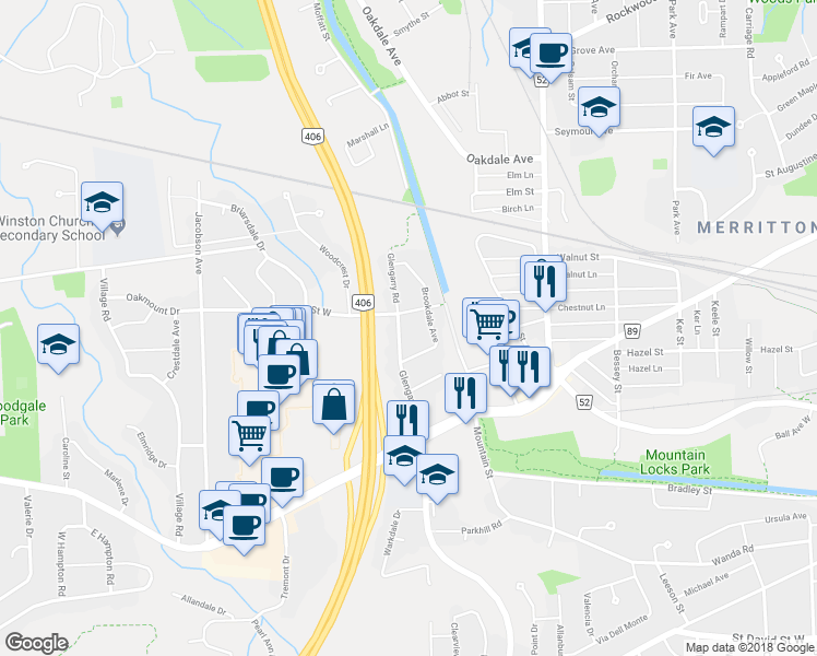 map of restaurants, bars, coffee shops, grocery stores, and more near 30 Glengarry Road in St. Catharines