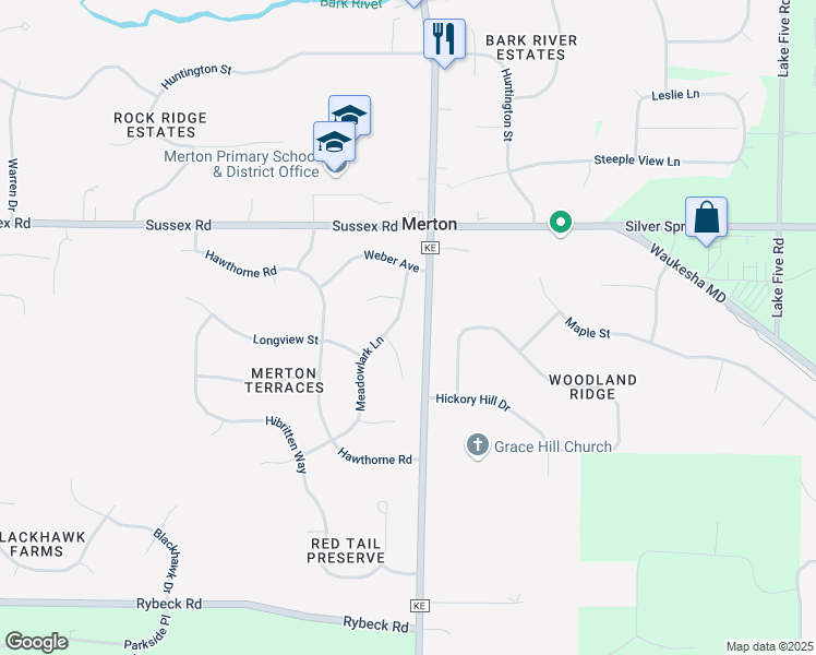map of restaurants, bars, coffee shops, grocery stores, and more near W282N6654 Meadowlark Lane in Hartland