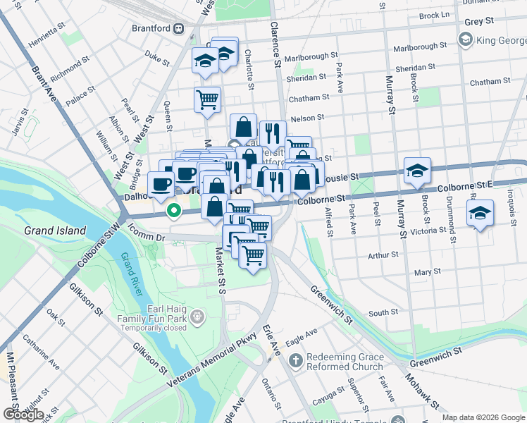 map of restaurants, bars, coffee shops, grocery stores, and more near 251 Colborne Street in Brantford
