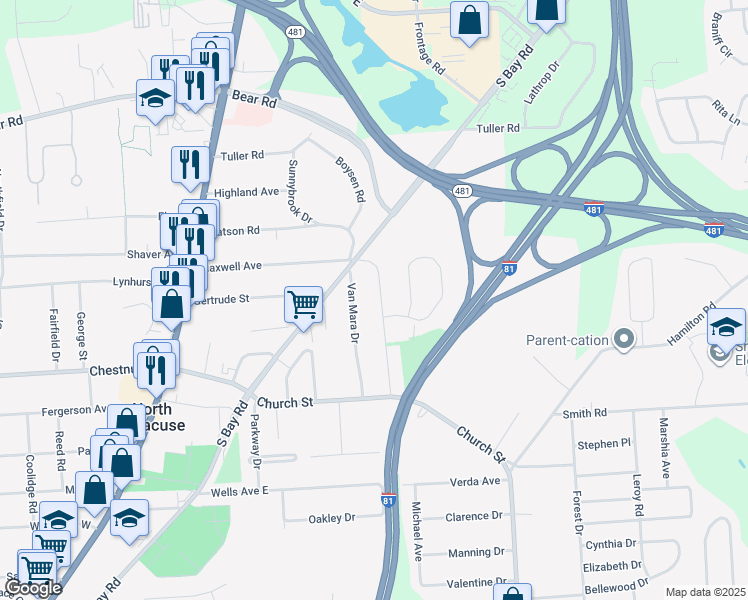 map of restaurants, bars, coffee shops, grocery stores, and more near 129 Grove Street in North Syracuse