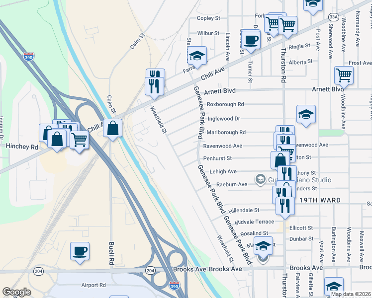 map of restaurants, bars, coffee shops, grocery stores, and more near 480 Ravenwood Avenue in Rochester