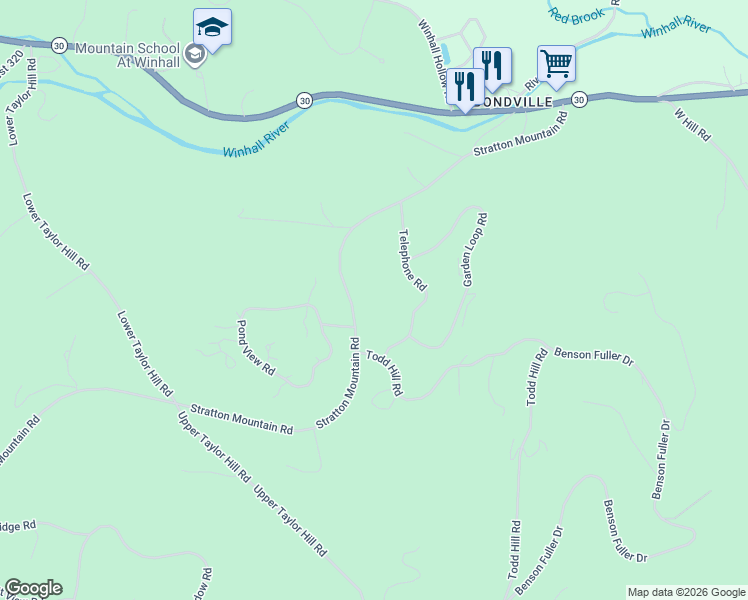map of restaurants, bars, coffee shops, grocery stores, and more near 56 Todd Hill Road in Winhall