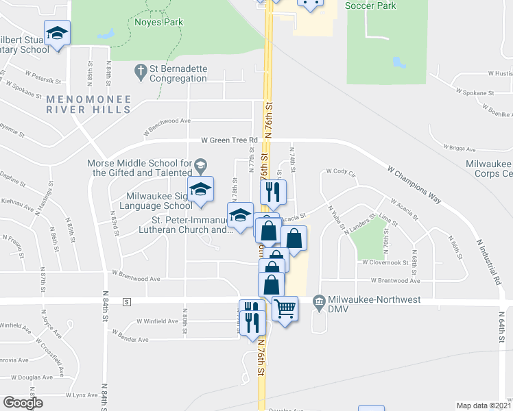 map of restaurants, bars, coffee shops, grocery stores, and more near 6626 North 77th Street in Milwaukee