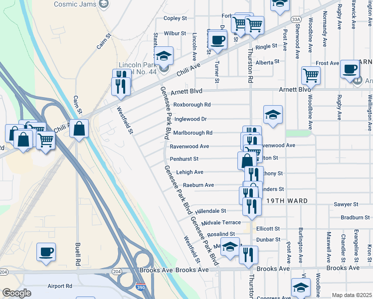 map of restaurants, bars, coffee shops, grocery stores, and more near 375 Ravenwood Avenue in Rochester