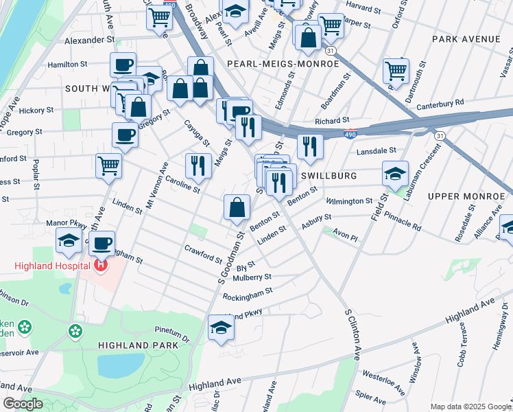 map of restaurants, bars, coffee shops, grocery stores, and more near 400 Caroline Street in Rochester