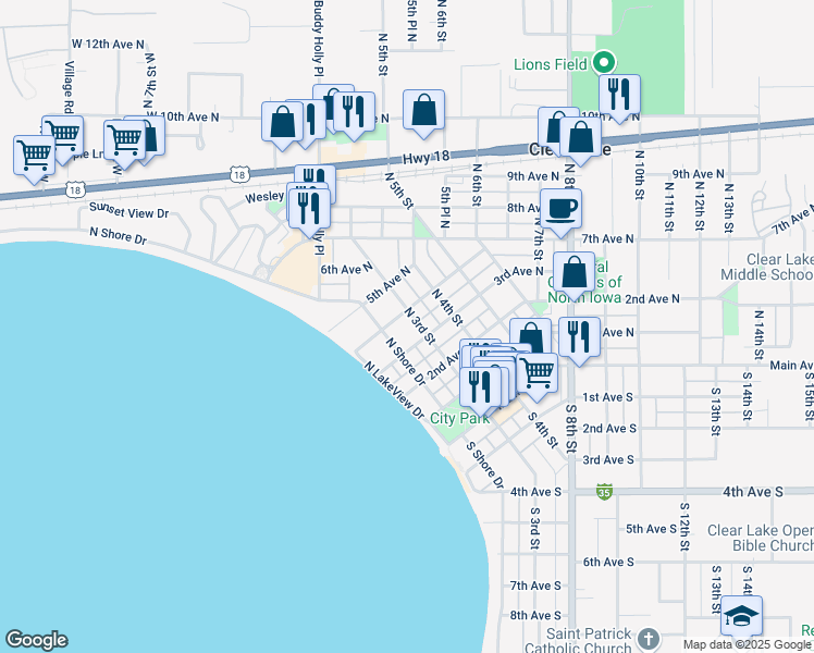 map of restaurants, bars, coffee shops, grocery stores, and more near 315 North 3rd Street in Clear Lake