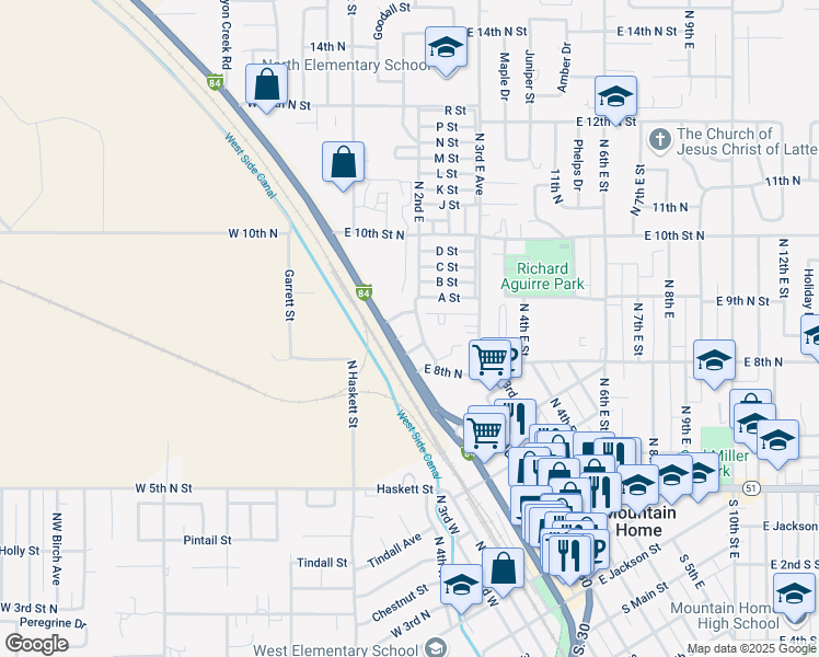 map of restaurants, bars, coffee shops, grocery stores, and more near 140 Bitterbrush Court in Mountain Home