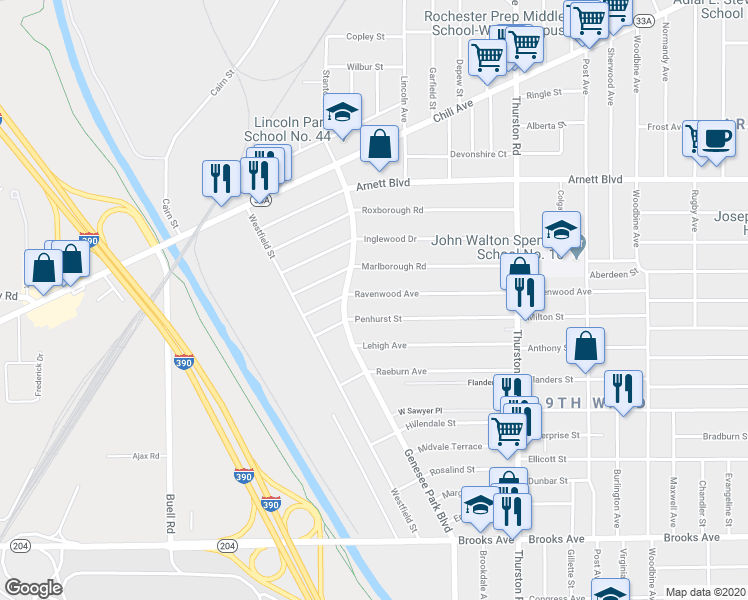 map of restaurants, bars, coffee shops, grocery stores, and more near 395 Ravenwood Avenue in Rochester