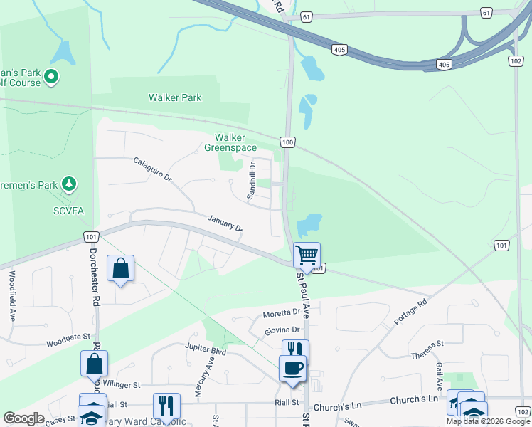 map of restaurants, bars, coffee shops, grocery stores, and more near 2345 Walker Court in Niagara Falls